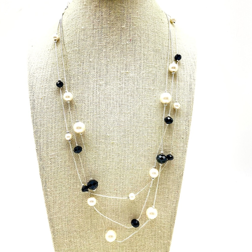 Signed Roman Black White Faux Pearl Silver Tone Long Station Necklace